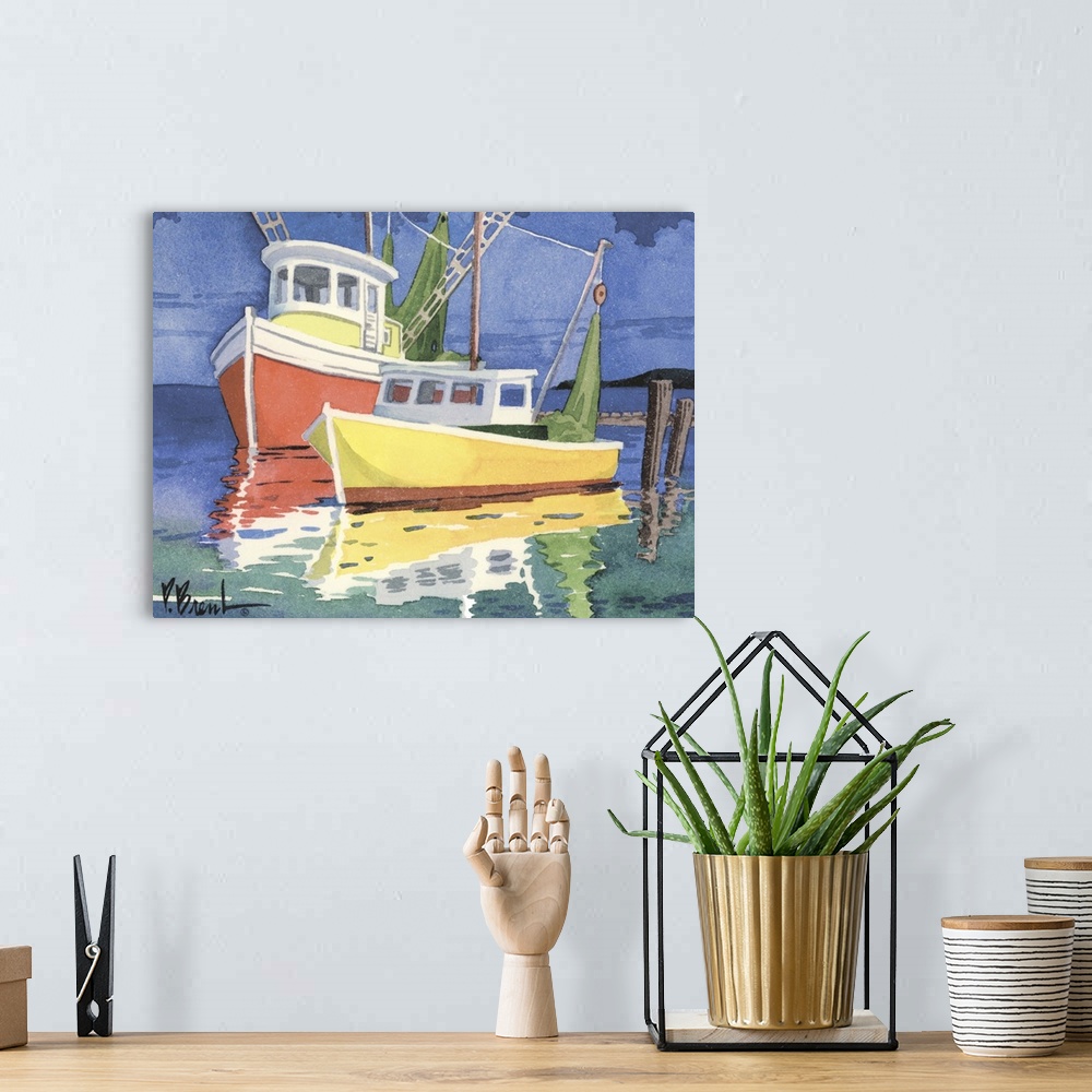 A bohemian room featuring Contemporary painting of two colorful fishing boats at a dock.