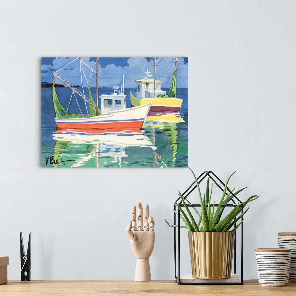 A bohemian room featuring Contemporary painting of two colorful fishing boats in the sea.