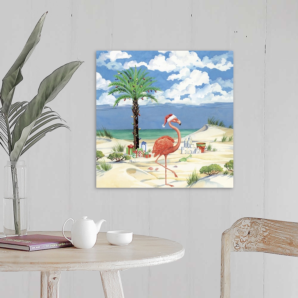 A farmhouse room featuring Watercolor painting of Christmas presents on a tropical beach with a palm tree and a flamingo.