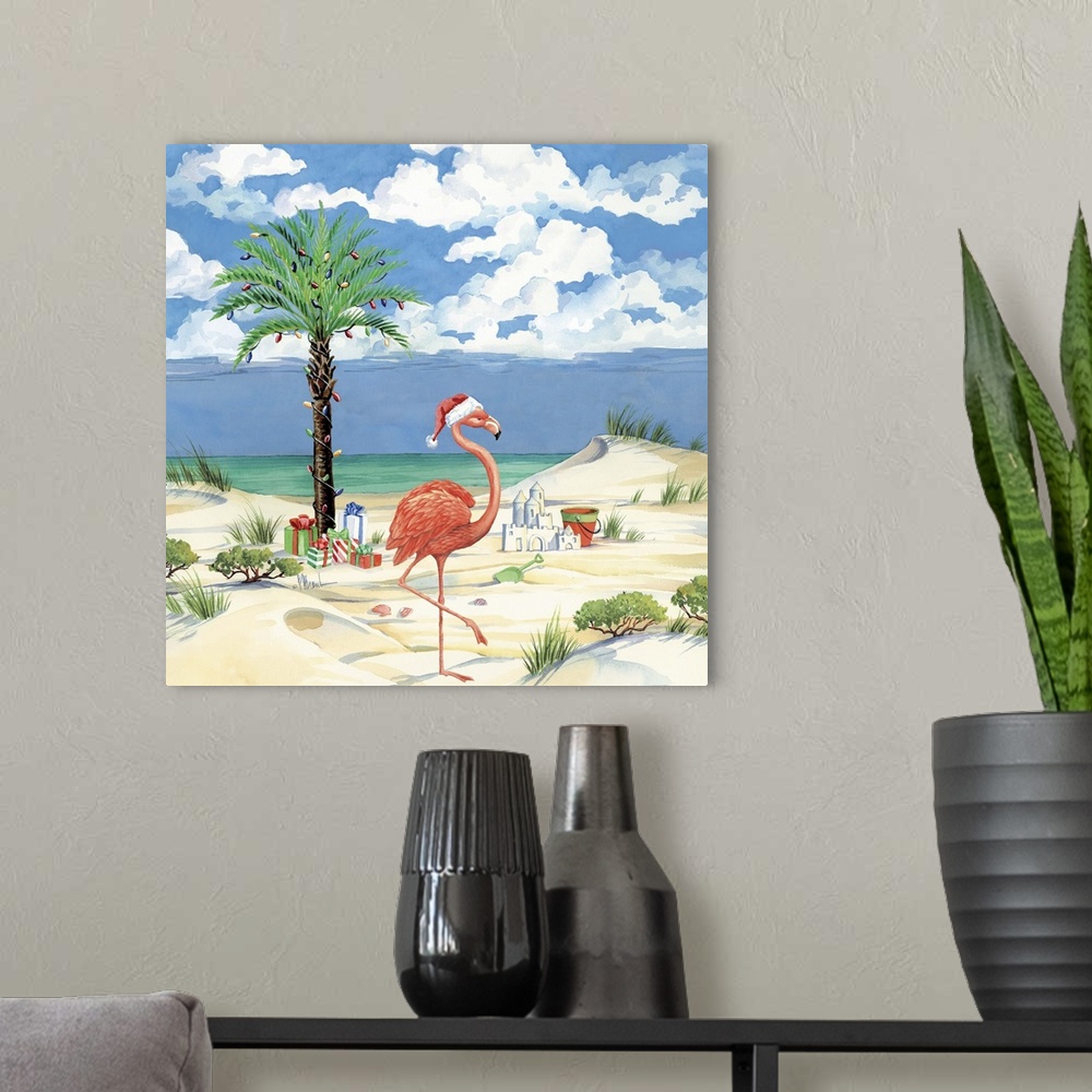A modern room featuring Watercolor painting of Christmas presents on a tropical beach with a palm tree and a flamingo.