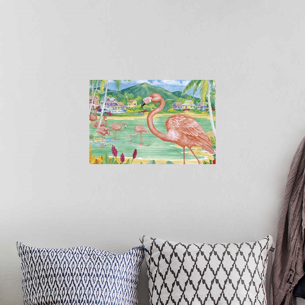 A bohemian room featuring Watercolor painting of a pink flamingo on a tropical beach with palm trees and turquoise water.