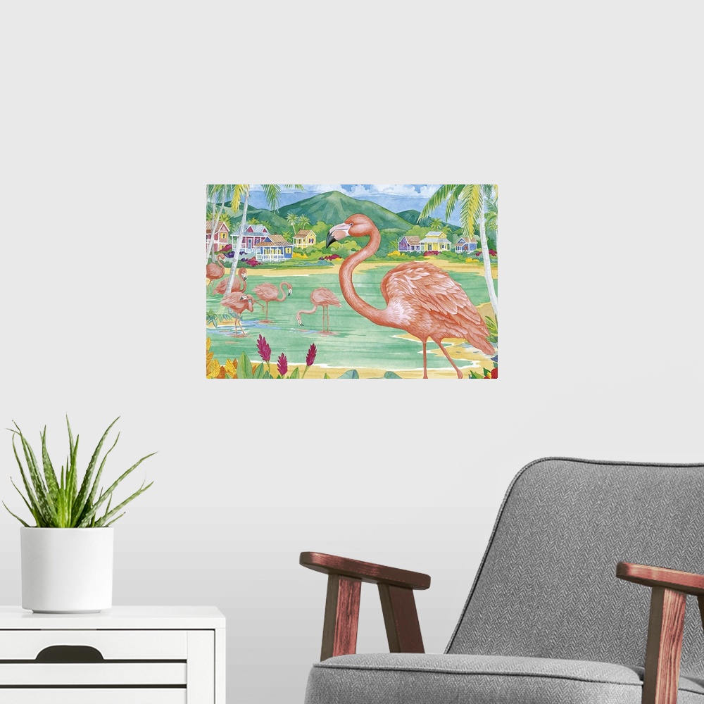 A modern room featuring Watercolor painting of a pink flamingo on a tropical beach with palm trees and turquoise water.