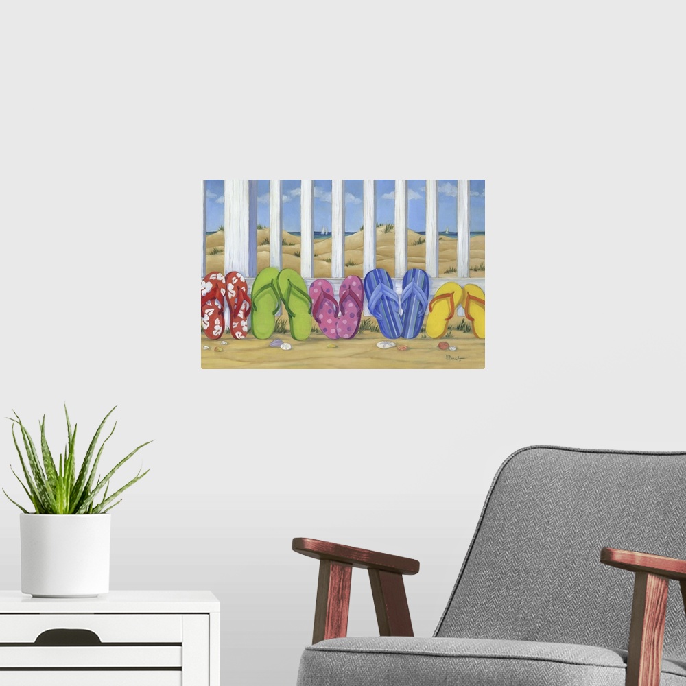 A modern room featuring Colorful painting of five pairs of flip flop sandals lined up in the sand against a white fence.