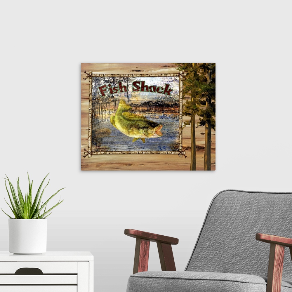 A modern room featuring Decorative artwork of a bass fish in a frame, with trees and the words Fish Shack.