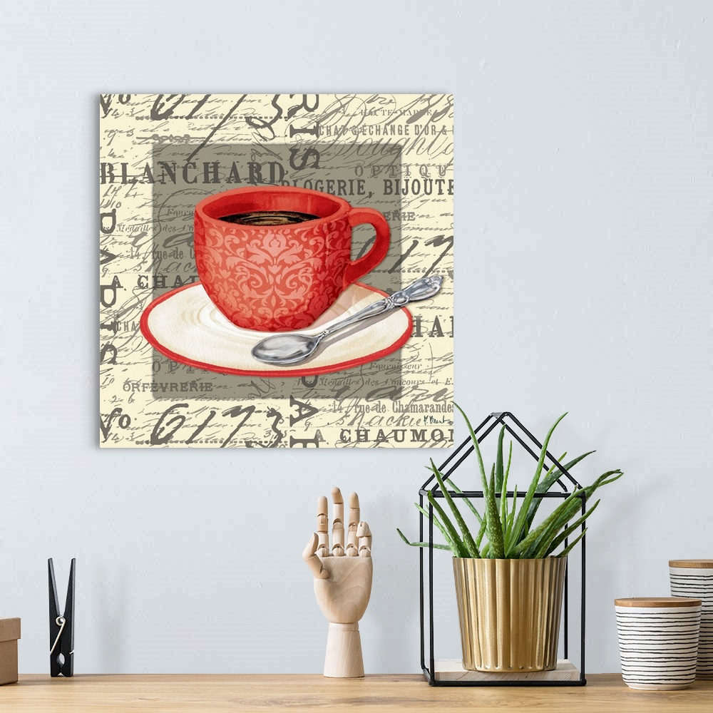 A bohemian room featuring Mixed media panel with a red cup of coffee with a saucer and spoon on vintage text and handwriting.