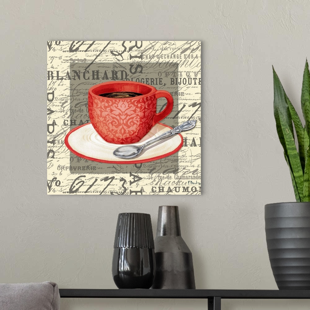A modern room featuring Mixed media panel with a red cup of coffee with a saucer and spoon on vintage text and handwriting.