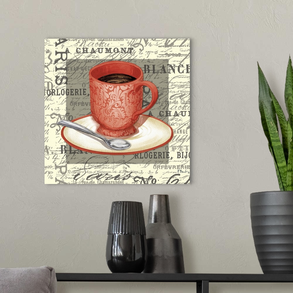 A modern room featuring Mixed media panel with a red cup of coffee with a saucer and spoon on vintage text and handwriting.