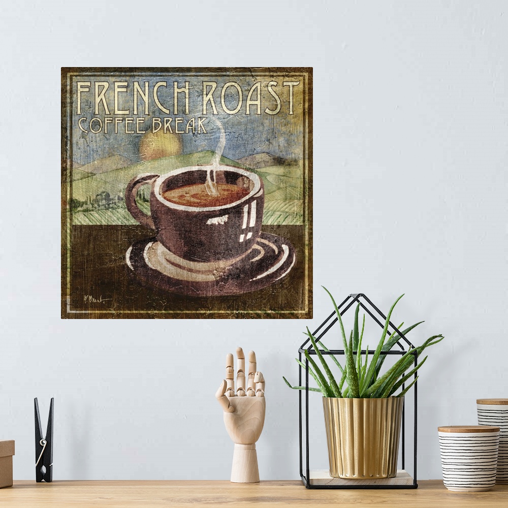 A bohemian room featuring Vintage-style sign for coffee with a mug of steaming hot coffee and rolling farm hills in the bac...