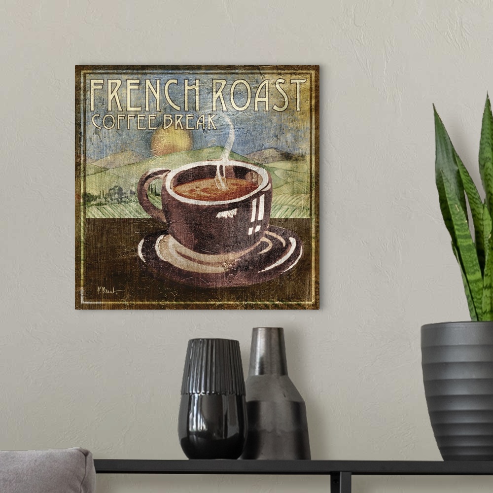 A modern room featuring Vintage-style sign for coffee with a mug of steaming hot coffee and rolling farm hills in the bac...