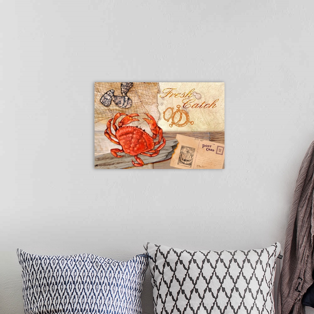 A bohemian room featuring A collection of marine elements on a faux driftwood background, including a crab, shells, and the...