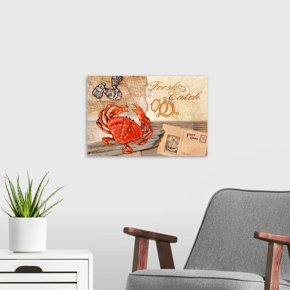 A modern room featuring A collection of marine elements on a faux driftwood background, including a crab, shells, and the...