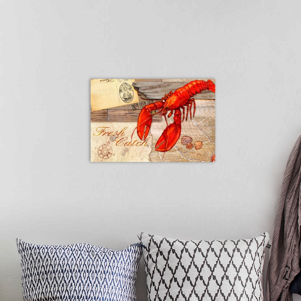 A bohemian room featuring A collection of marine elements on a faux driftwood background, including a lobster, pebbles, and...