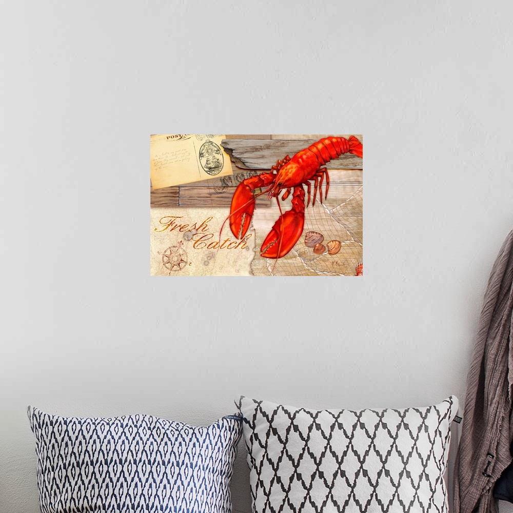 A bohemian room featuring A collection of marine elements on a faux driftwood background, including a lobster, pebbles, and...