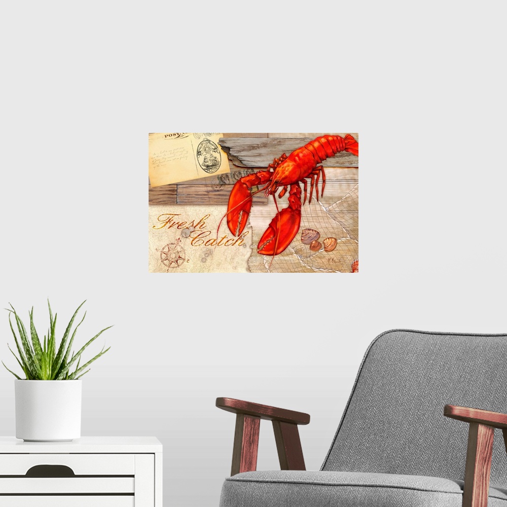 A modern room featuring A collection of marine elements on a faux driftwood background, including a lobster, pebbles, and...