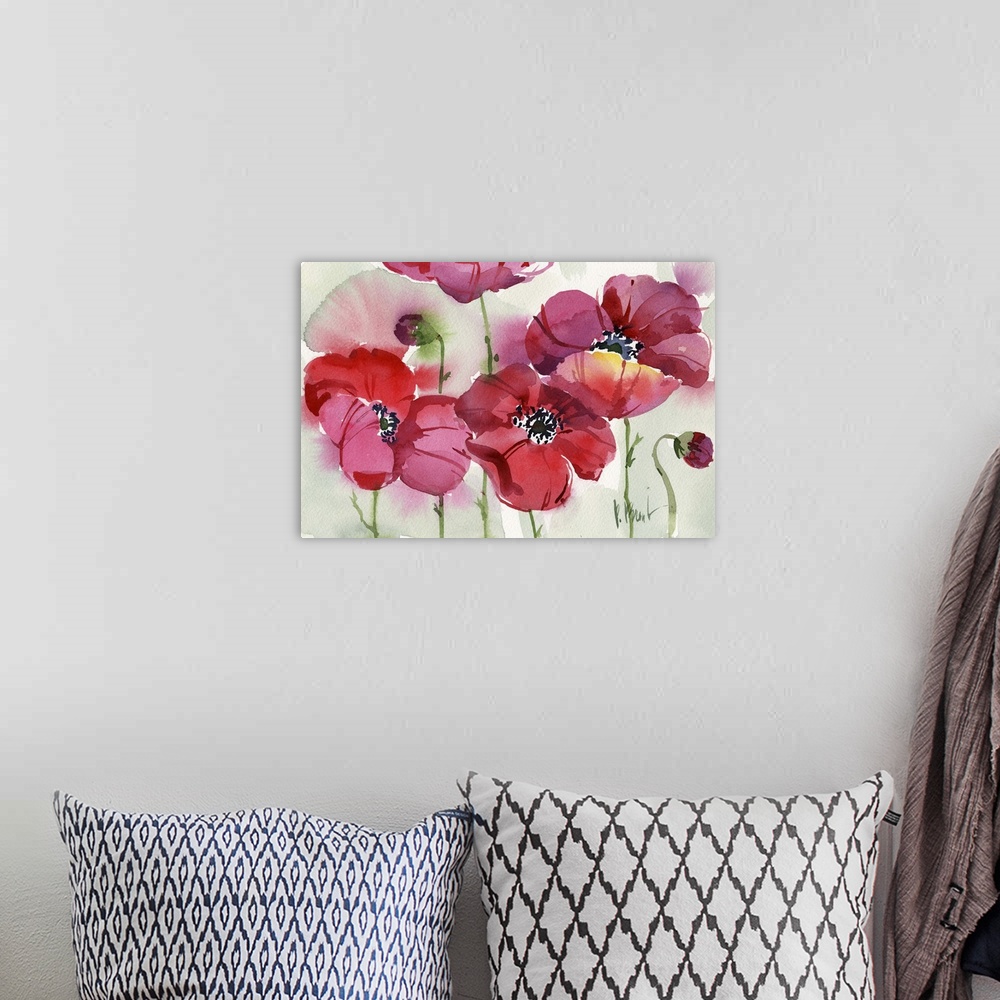 A bohemian room featuring Watercolor painting of a group of brightly colored poppies.