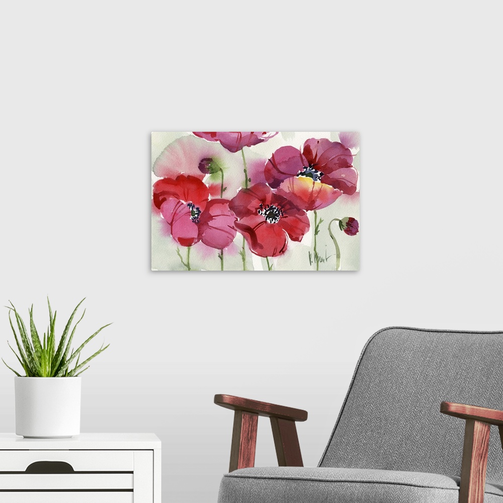 A modern room featuring Watercolor painting of a group of brightly colored poppies.