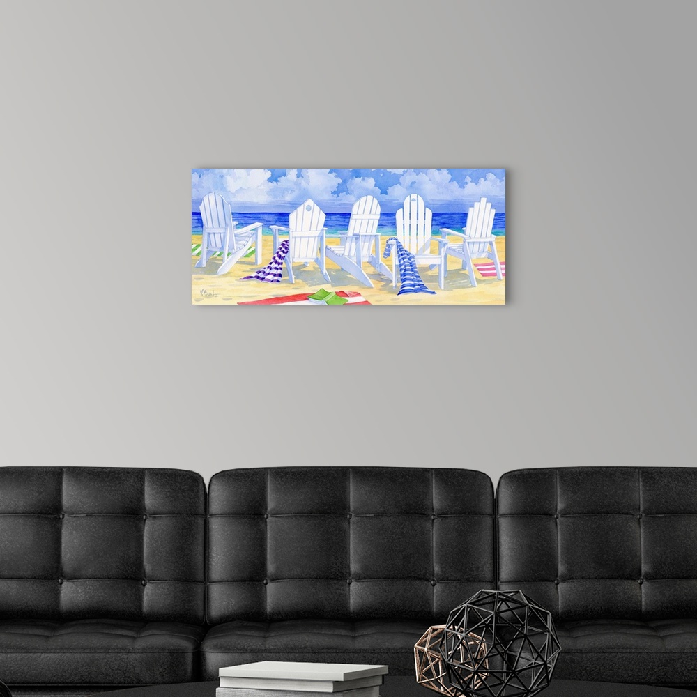 A modern room featuring Watercolor painting of five white adirondack chairs with towels on a sandy beach.