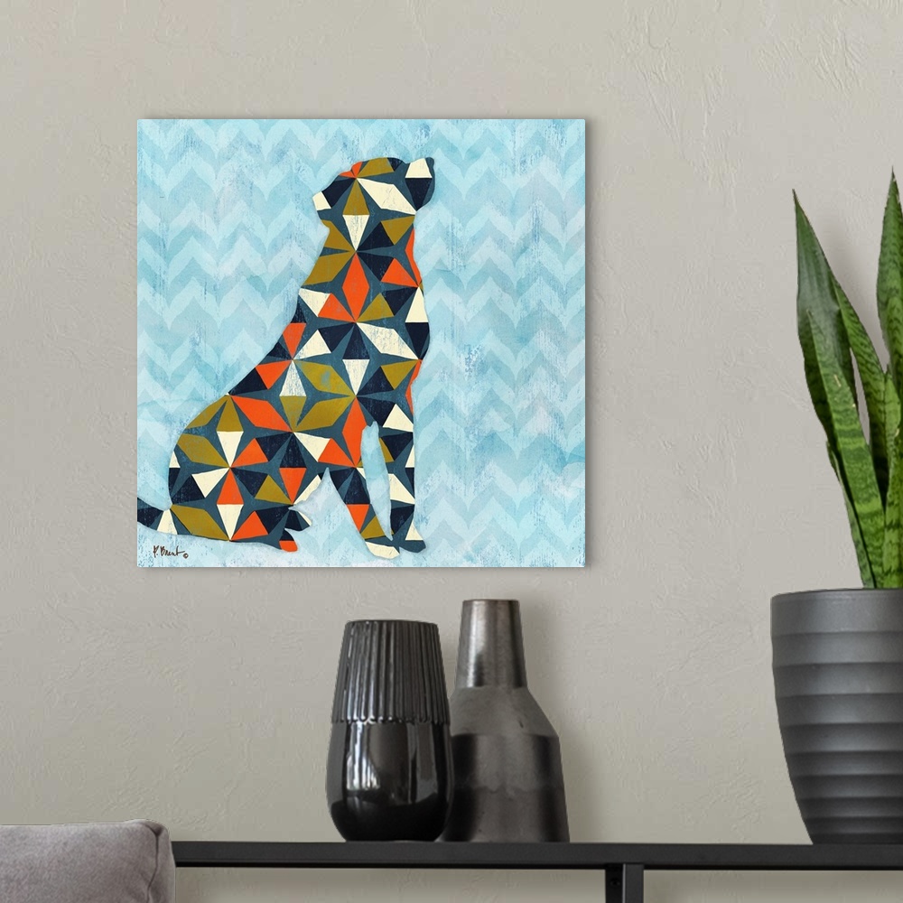 A modern room featuring Square decor with a silhouetted dog made with geometric shapes on a blue patterned background.
