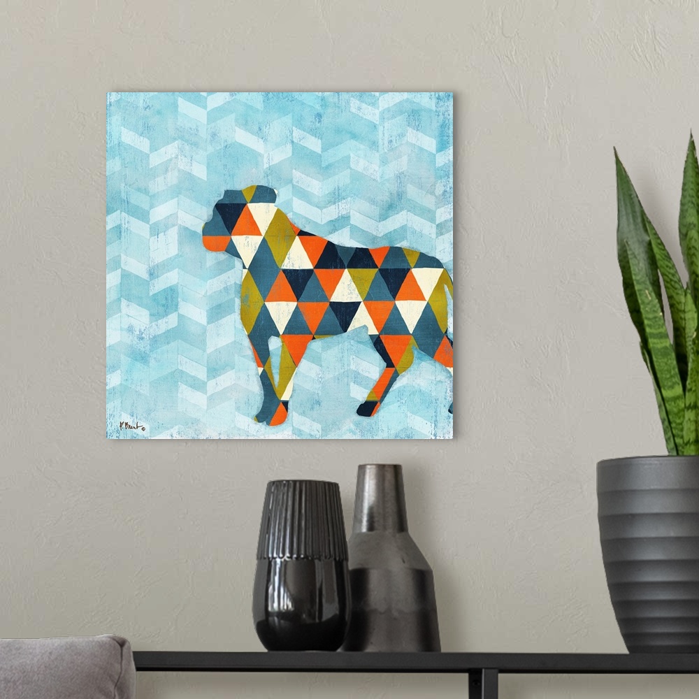 A modern room featuring Square decor with a silhouetted dog made with geometric shapes on a blue patterned background.