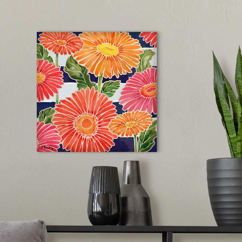 A modern room featuring Painting of pink and orange daisies with white outlines.