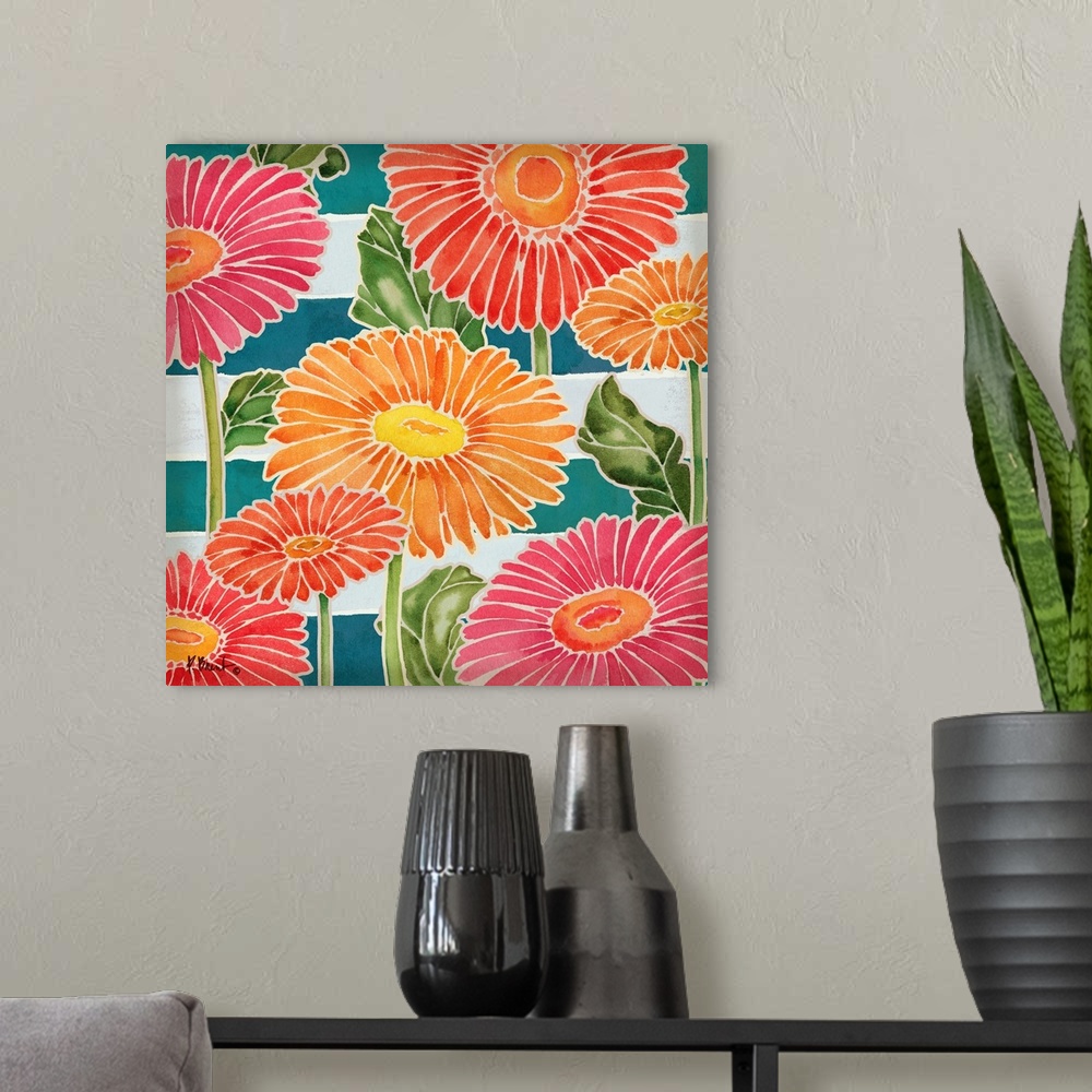 A modern room featuring Painting of pink and orange daisies with white outlines.