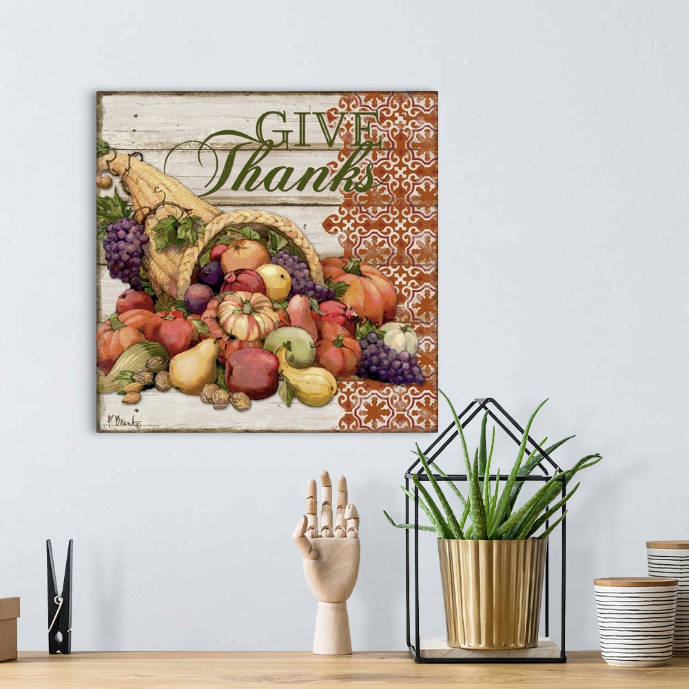 A bohemian room featuring Painting of a cornucopia filled with harvest vegetables.