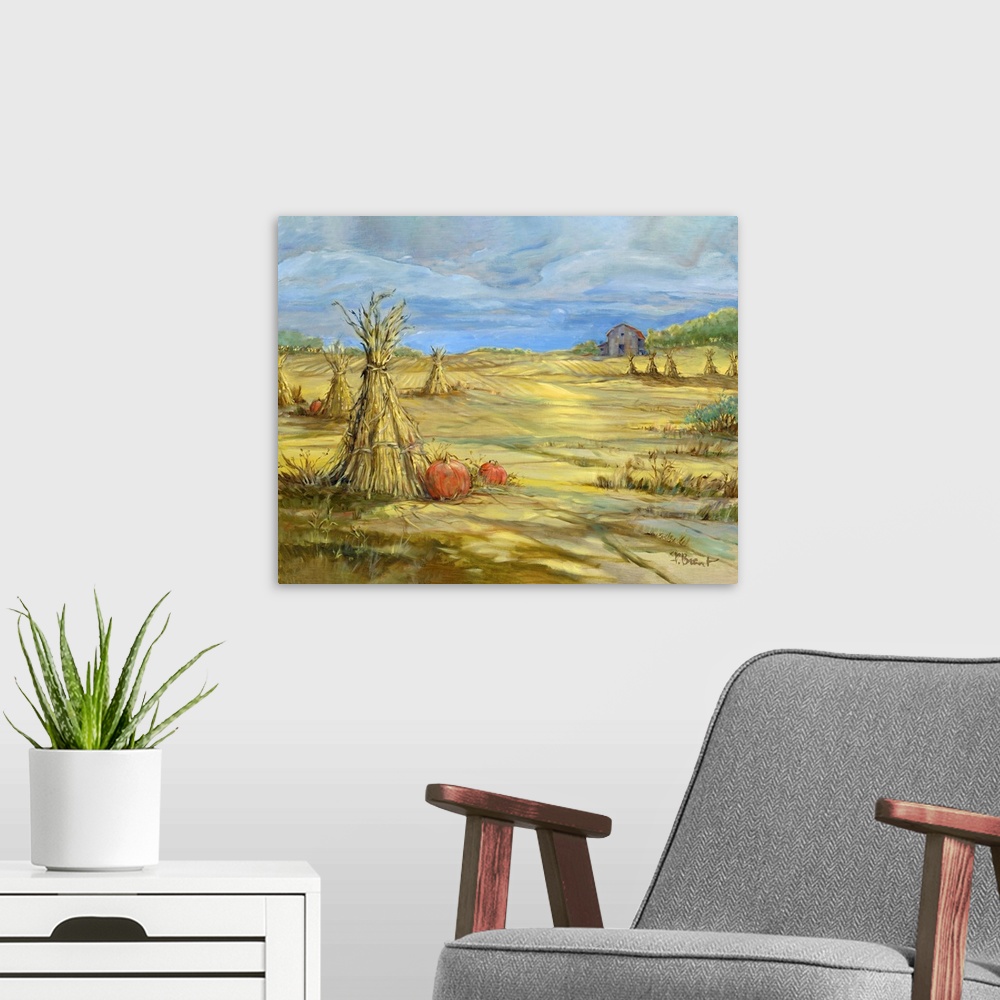 A modern room featuring Gleaning Autumn - Morning Landscape