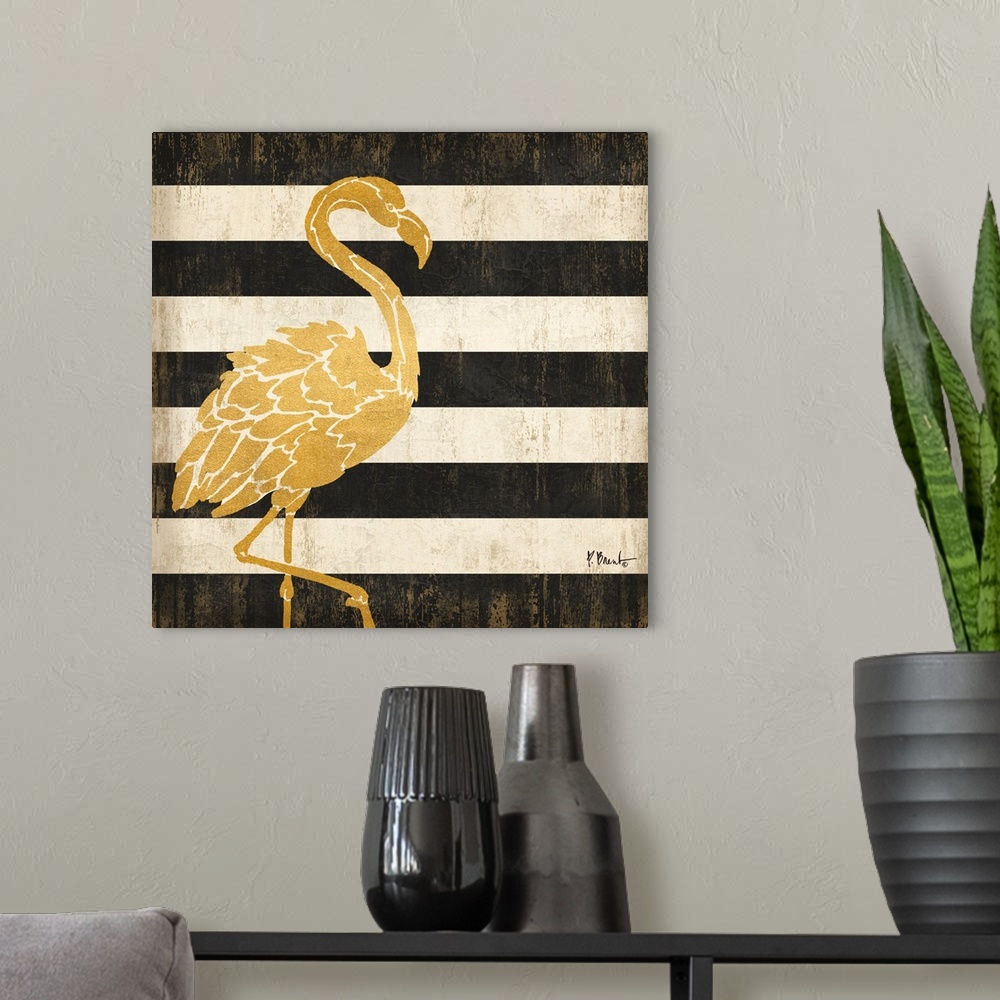 A modern room featuring Square decor with a metallic gold flamingo on a black and white striped background.