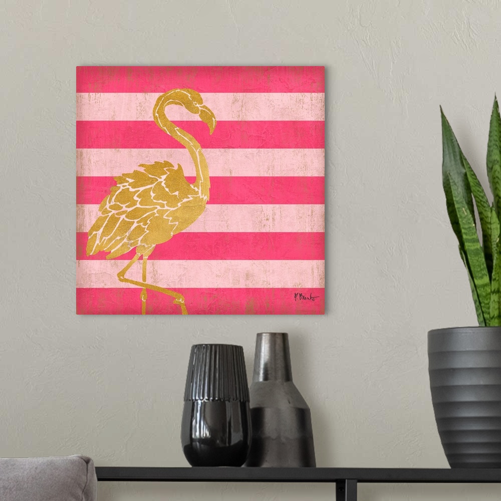 A modern room featuring Square decor with a metallic gold flamingo on a pink striped background.