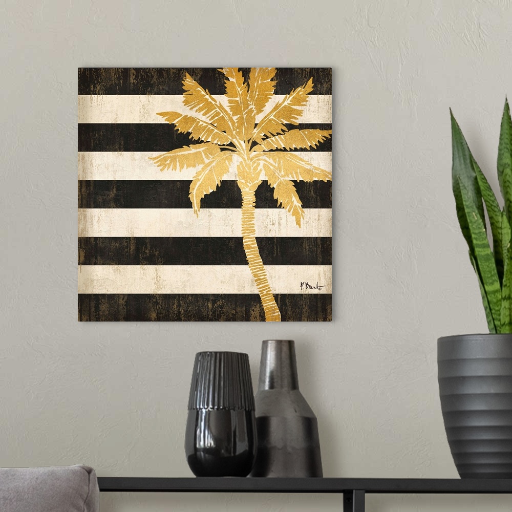 A modern room featuring Square decor with a metallic gold palm tree on a black and white striped background.
