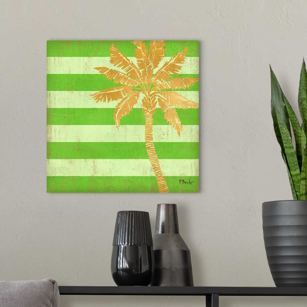A modern room featuring Square decor with a metallic gold palm tree on a bright green striped background.