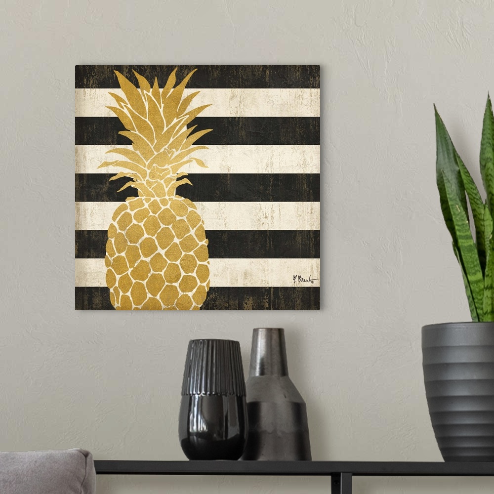 A modern room featuring Square decor with a metallic gold pineapple on a black and white striped background.