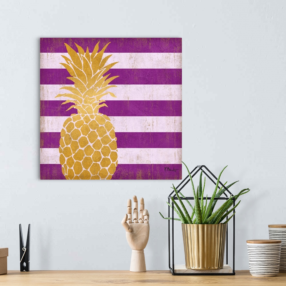 A bohemian room featuring Square decor with a metallic gold pineapple on a purple striped background.