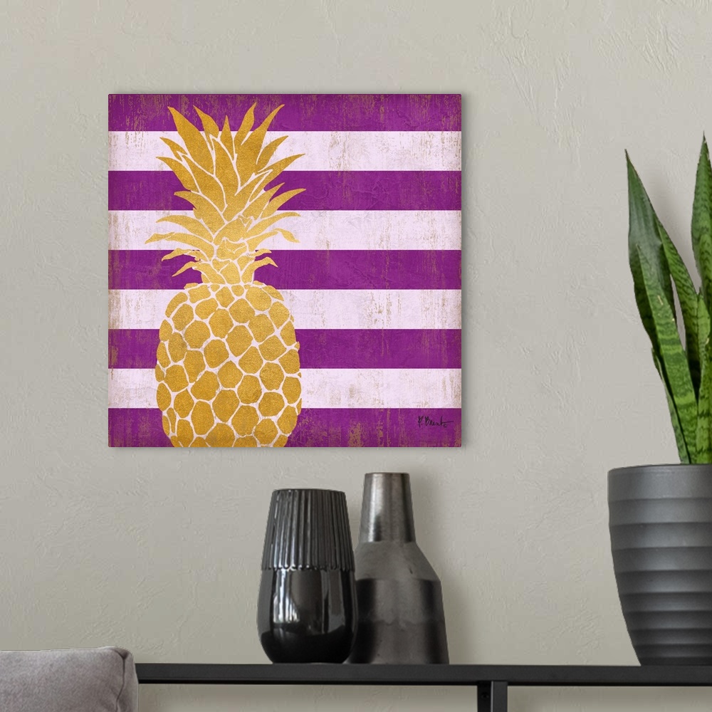 A modern room featuring Square decor with a metallic gold pineapple on a purple striped background.