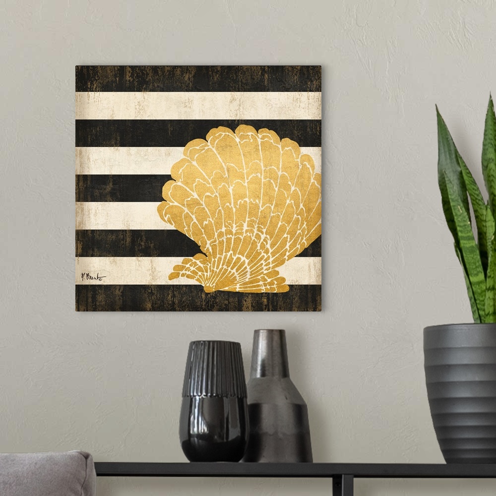 A modern room featuring Square decor with a metallic gold seashell on a black and white striped background.