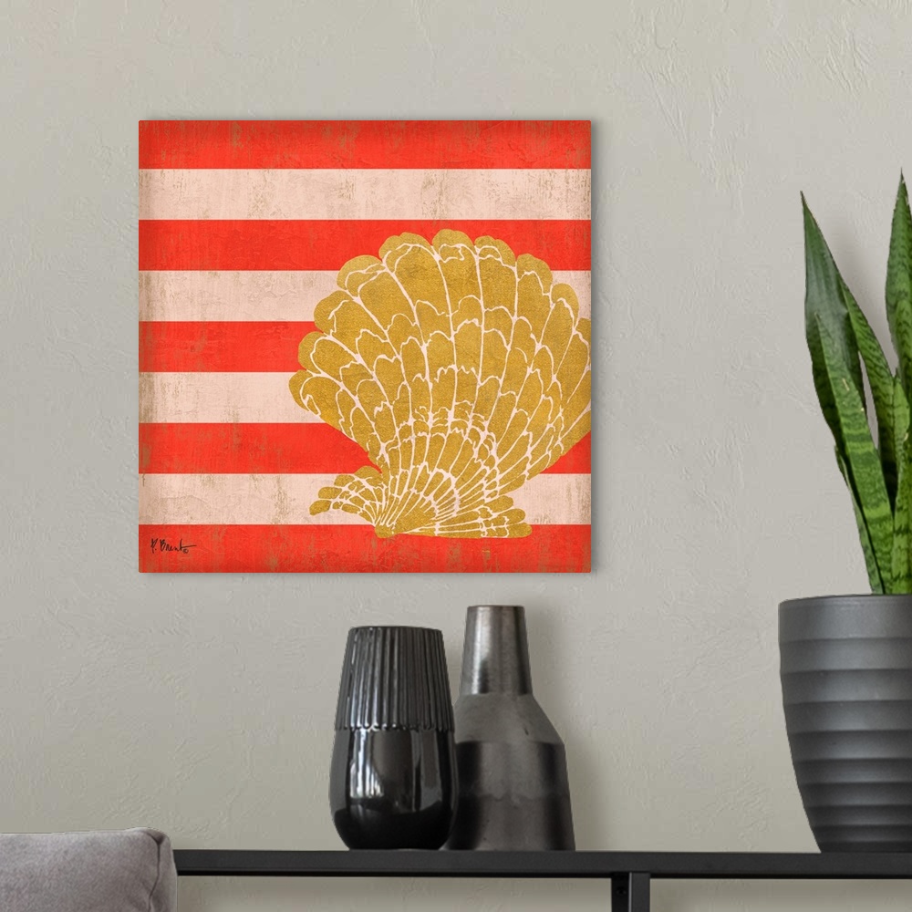 A modern room featuring Square decor with a metallic gold seashell on a red striped background.