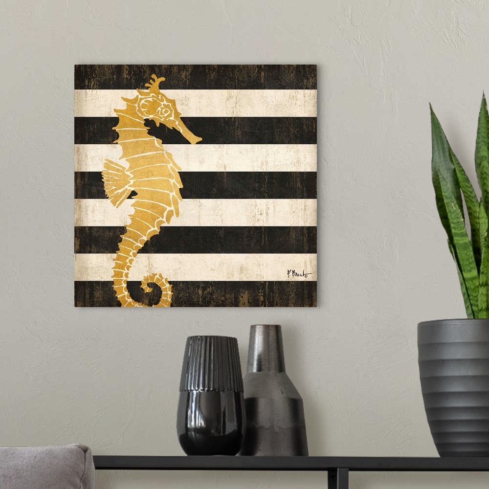 A modern room featuring Square decor with a metallic gold seahorse on a black and white striped background.