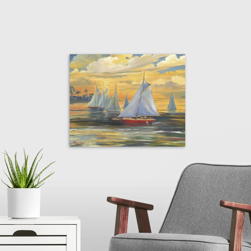 A modern room featuring Painting of a fleet of sailboats on the ocean at sunset, with glowing clouds.