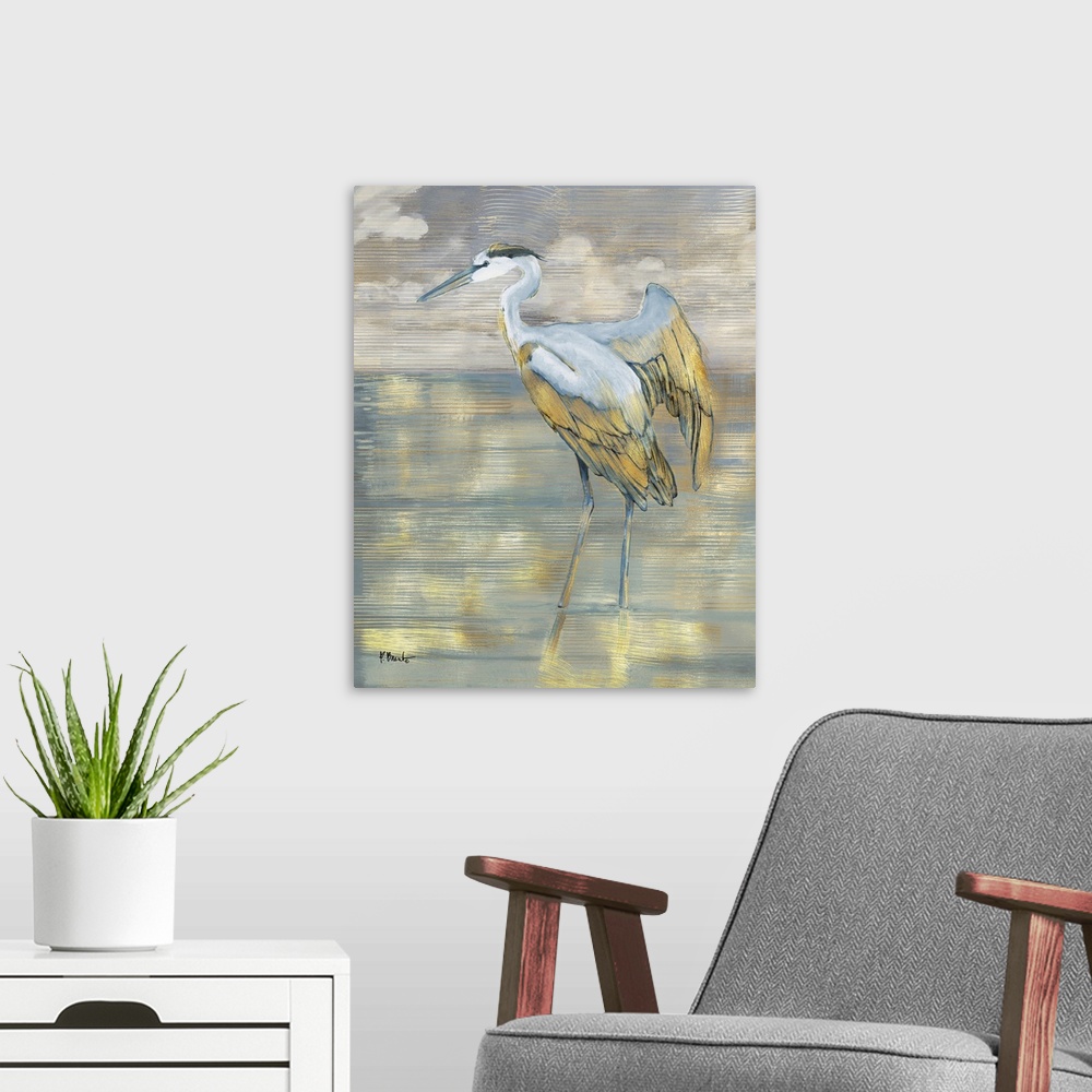 A modern room featuring Golden Blue Heron