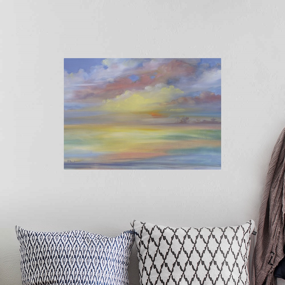 A bohemian room featuring Watercolor painting of the ocean horizon at sunset, with the water and clouds reflecting the gold...