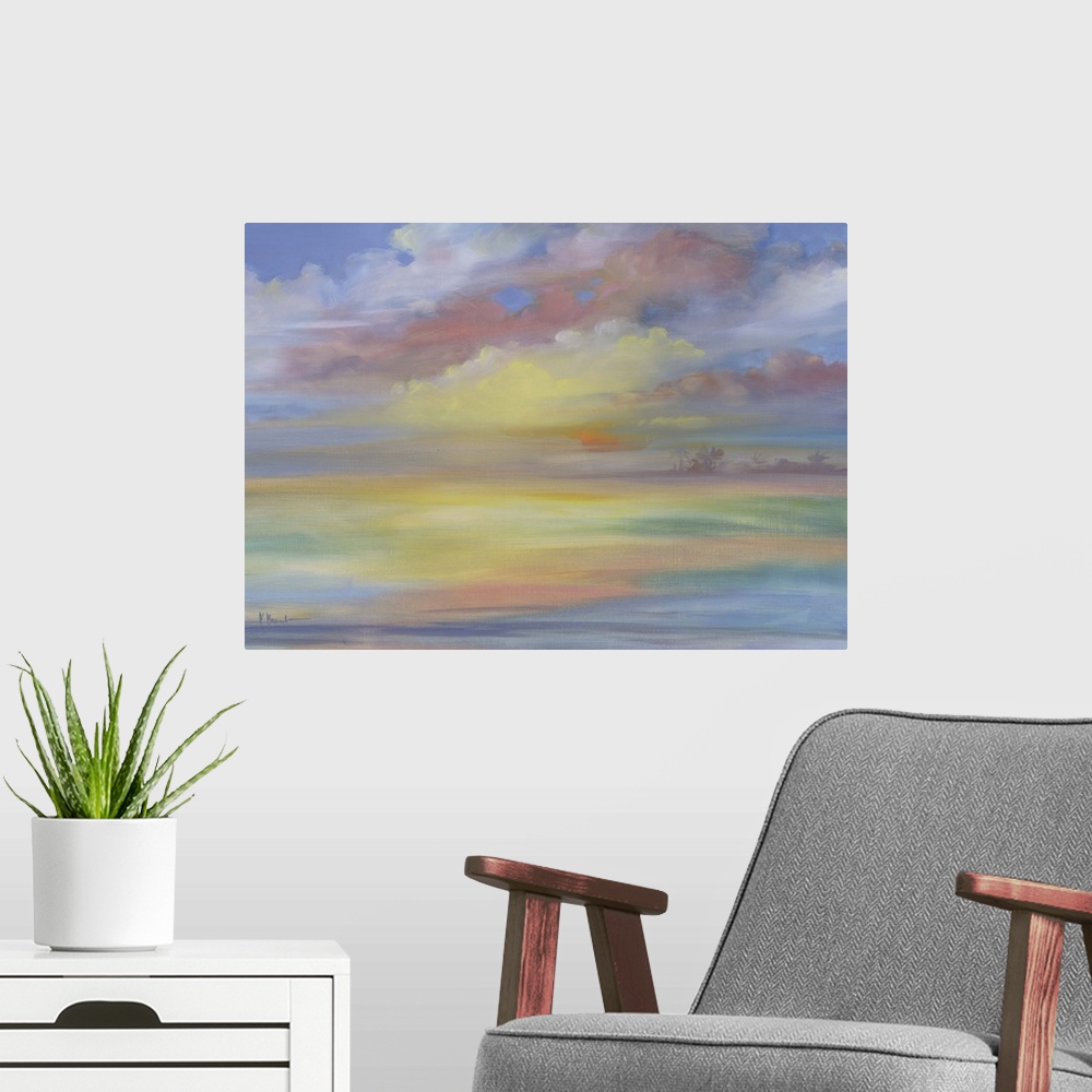 A modern room featuring Watercolor painting of the ocean horizon at sunset, with the water and clouds reflecting the gold...