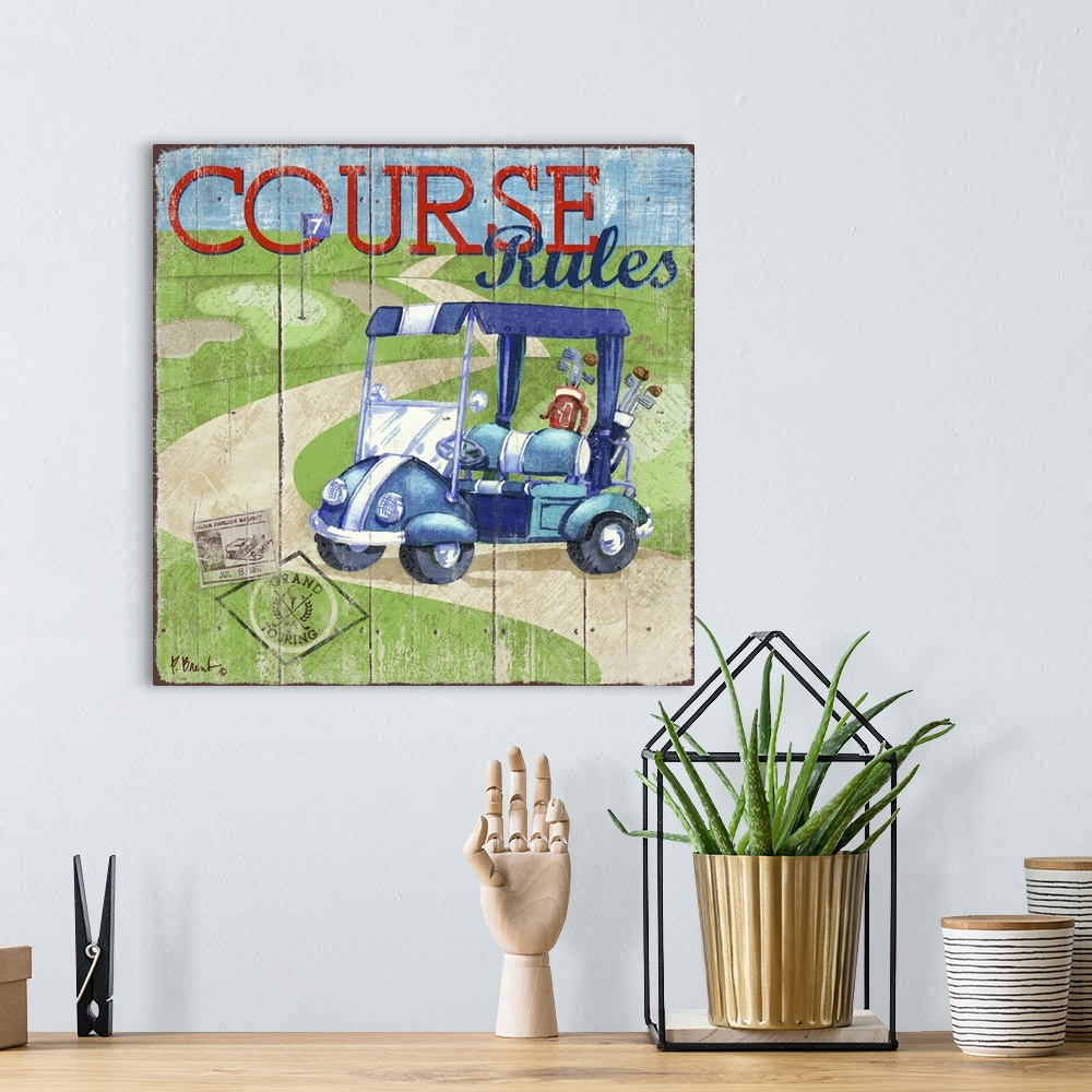 A bohemian room featuring Fun golf decor with a golf cart on a course with a wooden board effect.
