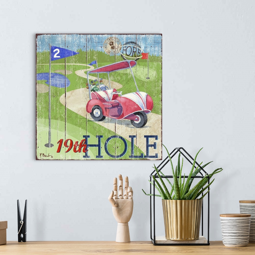 A bohemian room featuring Fun golf decor with a golf cart on a course with a wooden board effect.