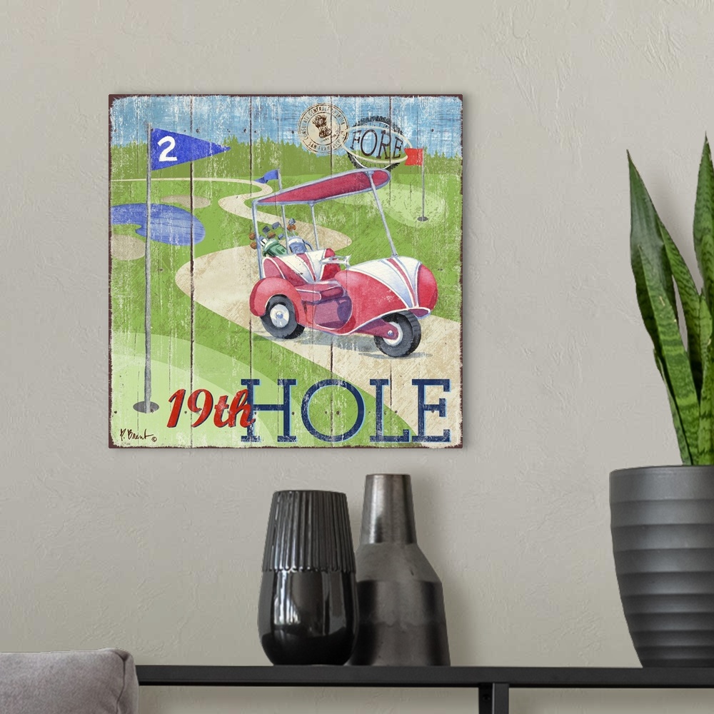 A modern room featuring Fun golf decor with a golf cart on a course with a wooden board effect.