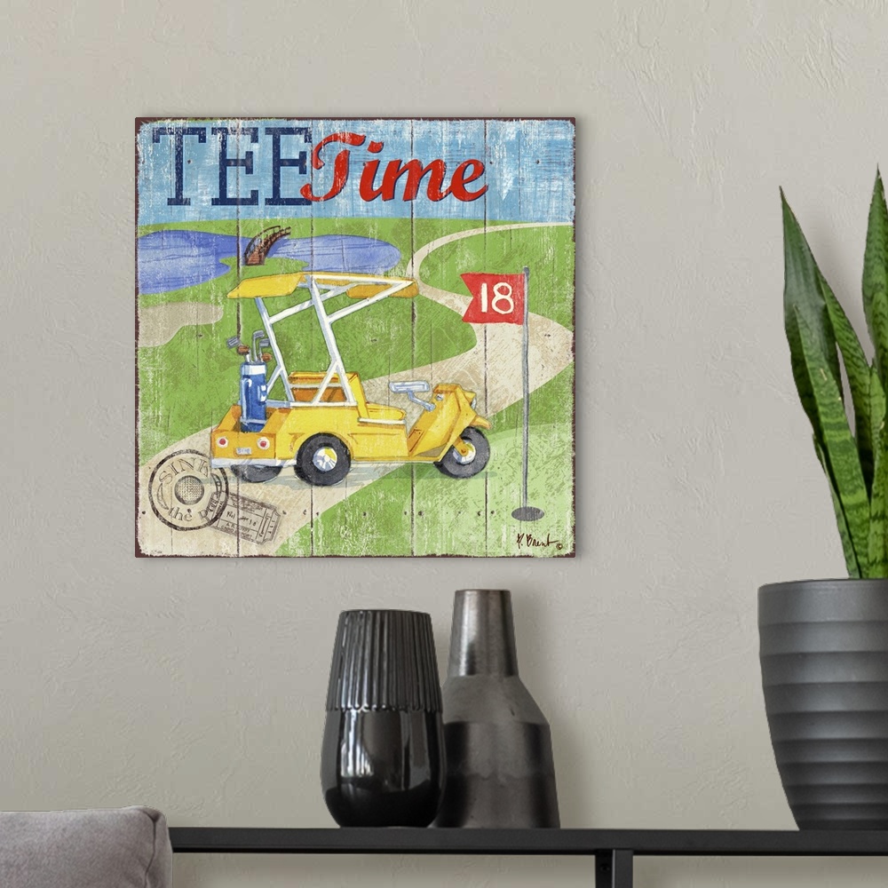 A modern room featuring Fun golf decor with a golf cart on a course with a wooden board effect.