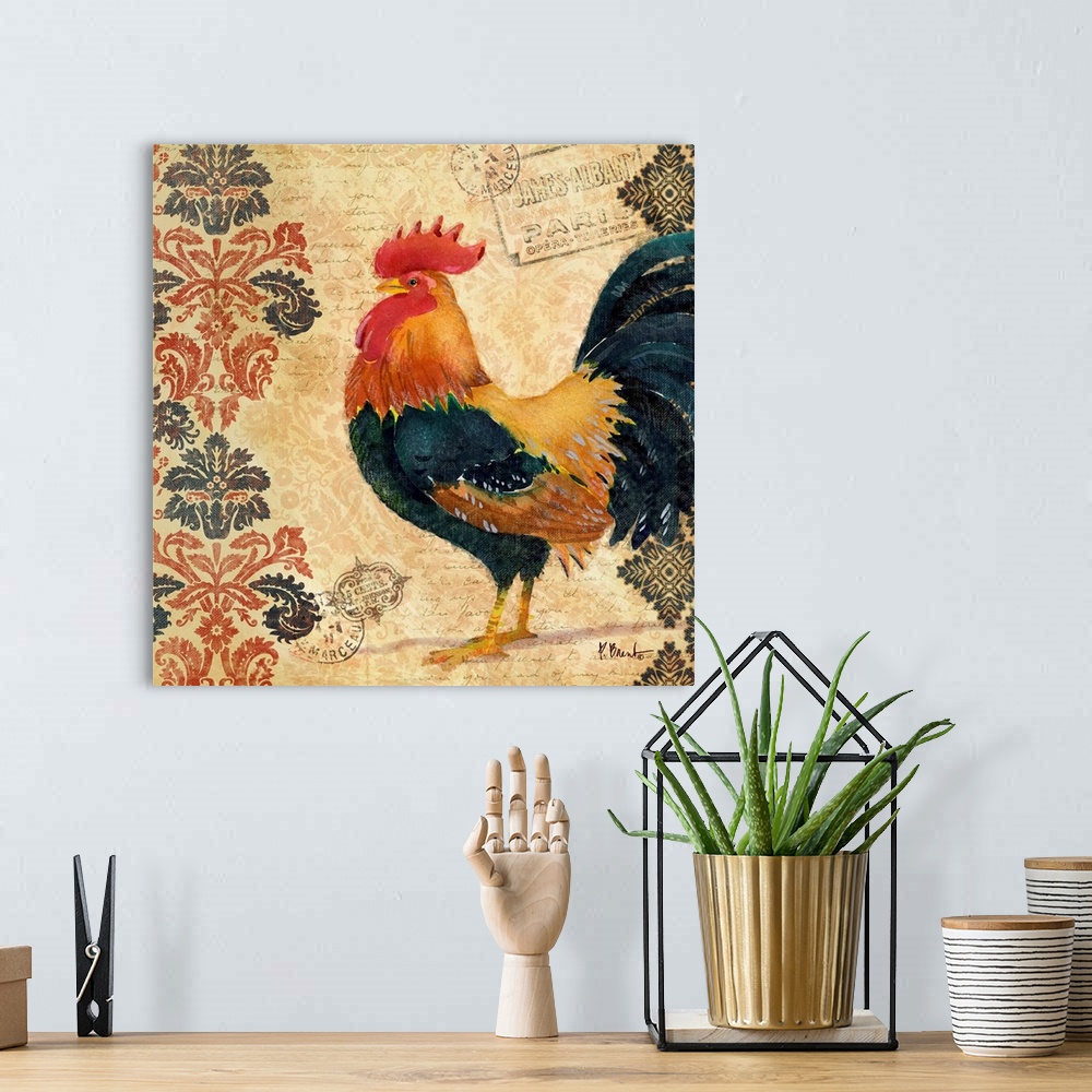 A bohemian room featuring Painting of a rooster on a decorative background with postmarks and a damask pattern.
