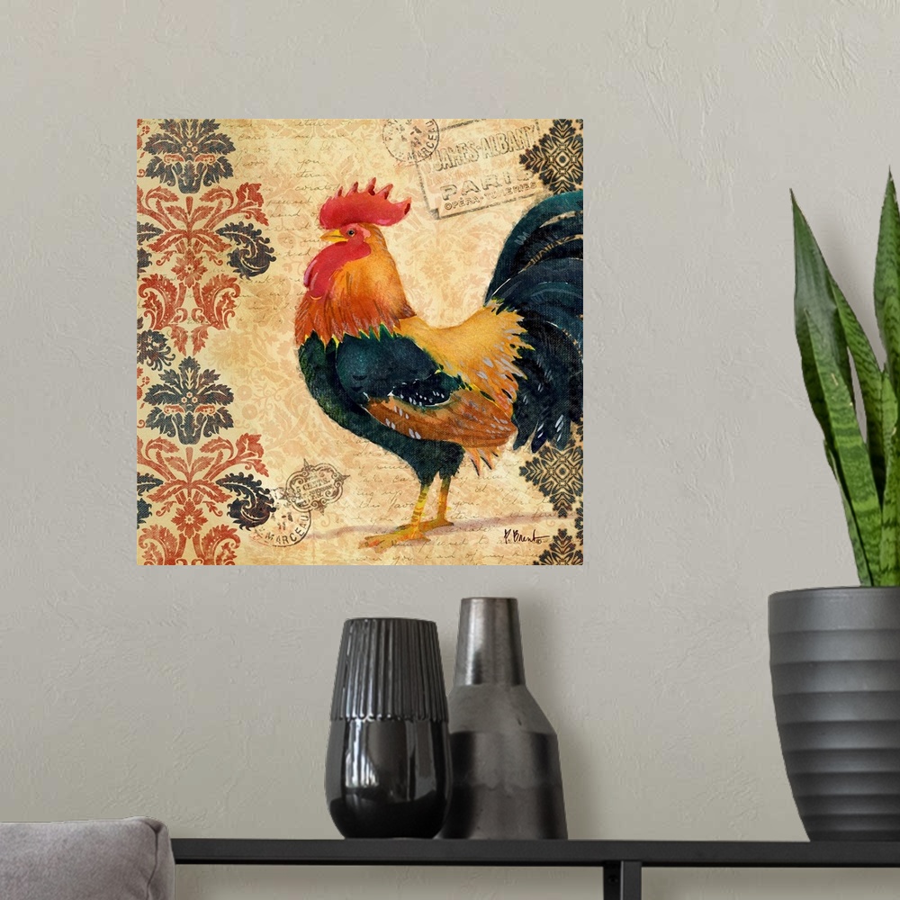 A modern room featuring Painting of a rooster on a decorative background with postmarks and a damask pattern.