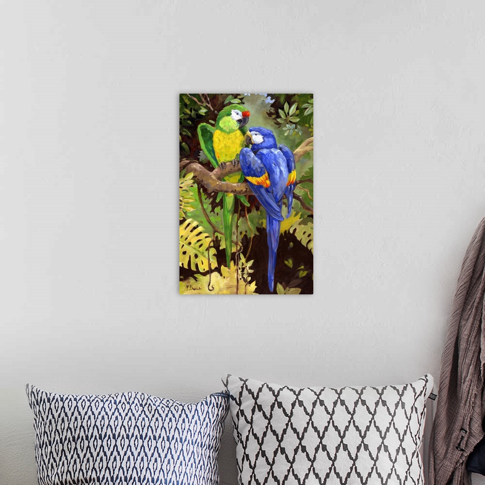 A bohemian room featuring Painting of two brightly colored macaw parrots in a jungle.