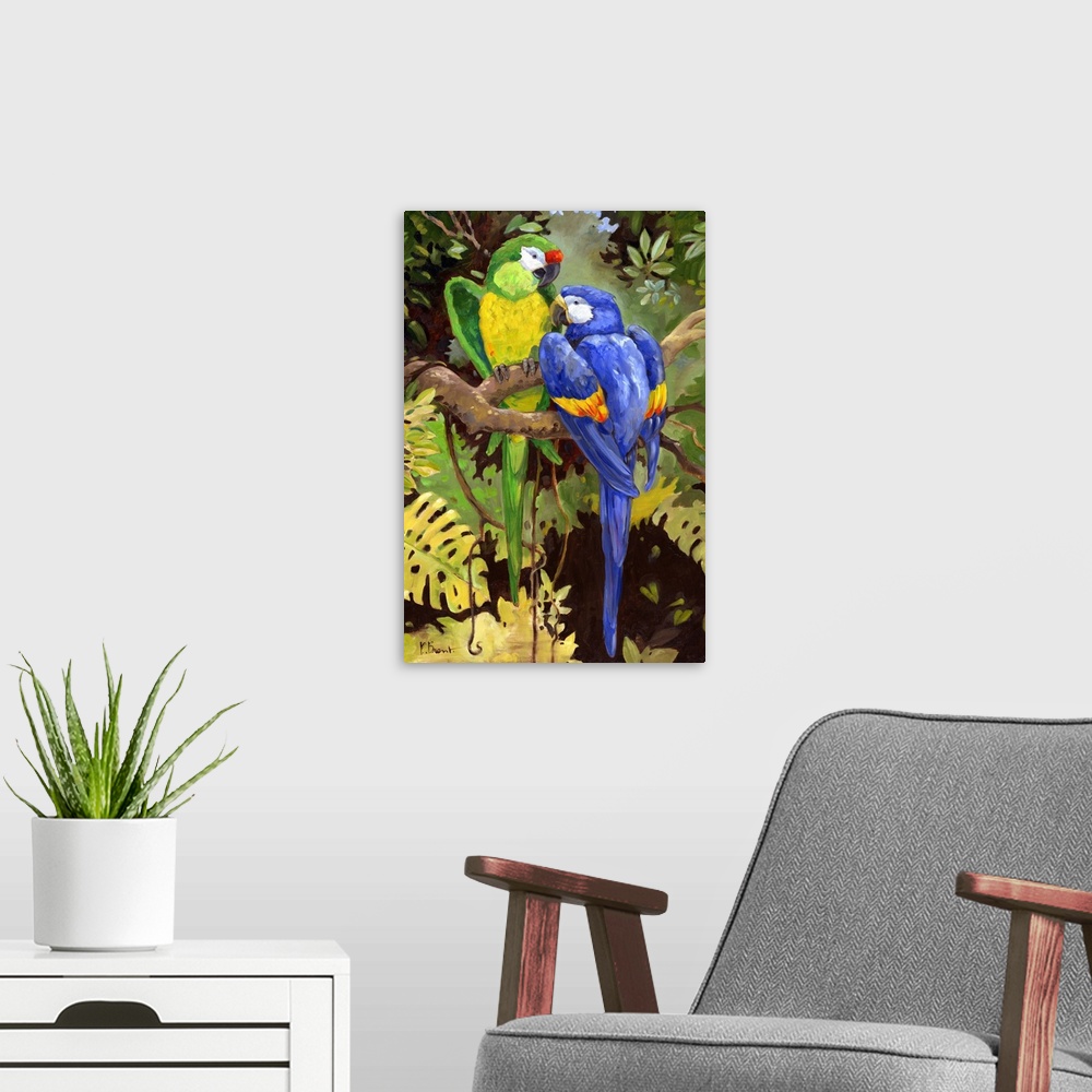 A modern room featuring Painting of two brightly colored macaw parrots in a jungle.
