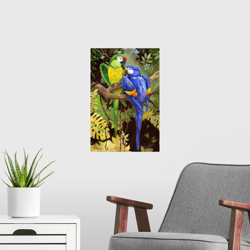 A modern room featuring Painting of two brightly colored macaw parrots in a jungle.